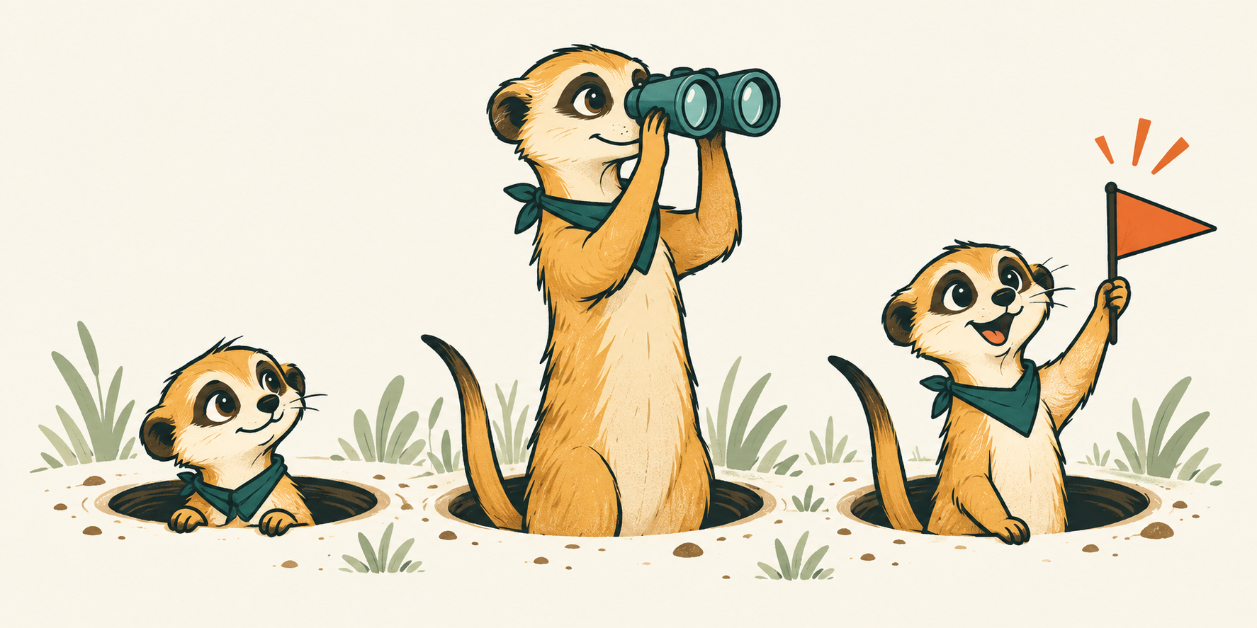 Three meerkat lookouts: peeking from a burrow, scanning with binoculars, and raising a flag
